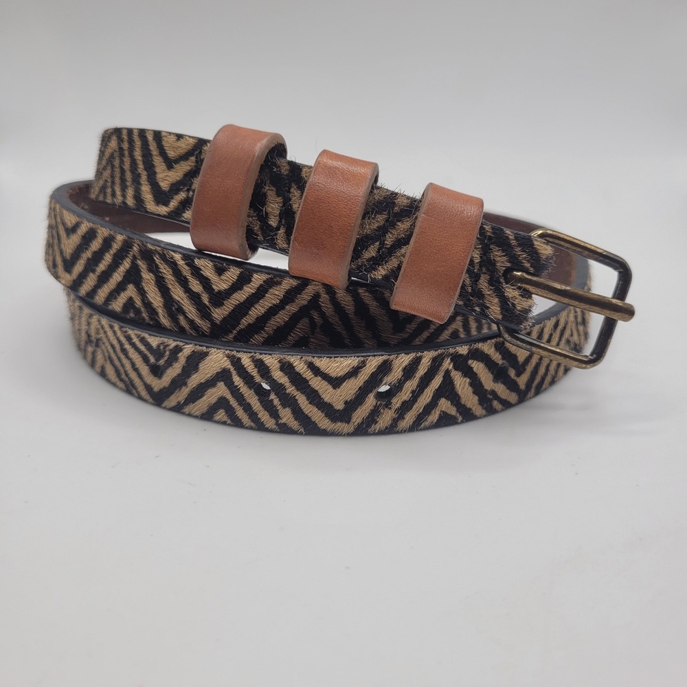 Zebra Print Belt Med Brown Calf Hair Leather Skinny Thin Boho Equestrian Cowgirl